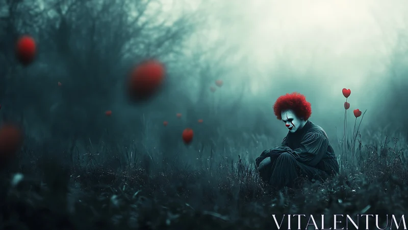 Melancholy clown broods among heart-shaped forest echoes