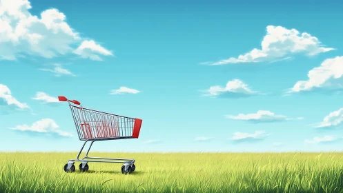 Shopping cart stands alone in bright open grassland field