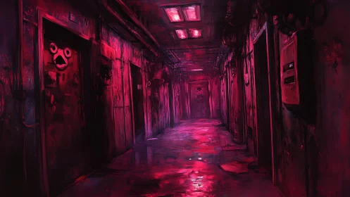 Corroded industrial hallway under magenta emergency lighting