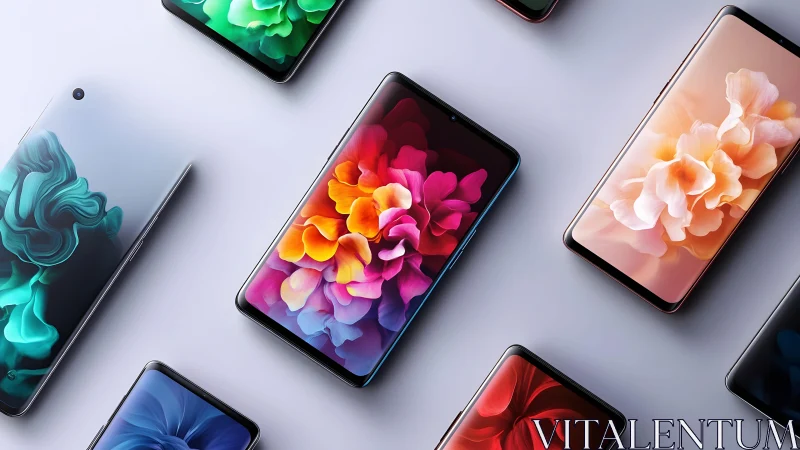 Modern smartphones with vibrant abstract flower wallpapers, flat lay.