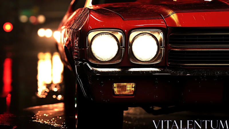 Retro muscle car front fascia under wet neon illumination.