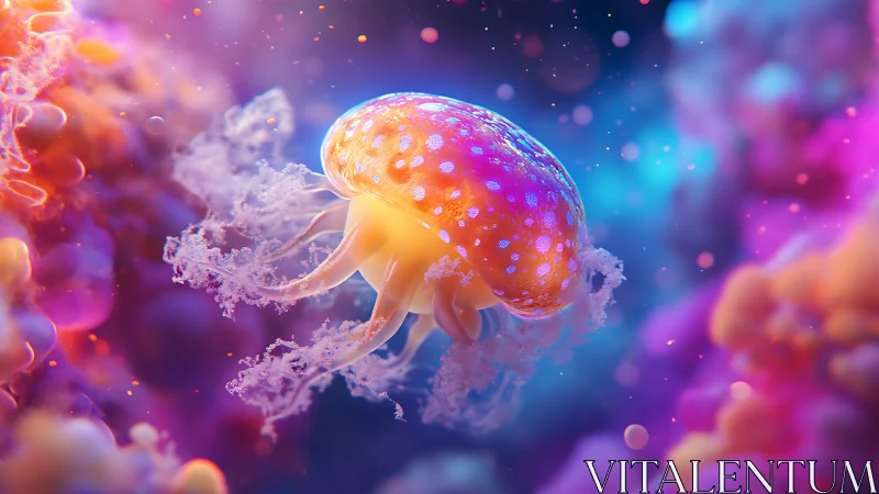 Bioluminescent jellyfish drifts through neon cosmic waters