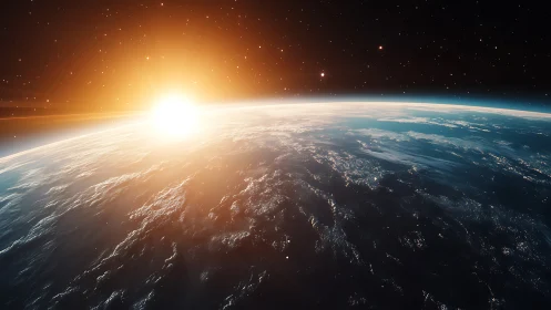 Sunrise curves over Earth horizon with glowing atmosphere