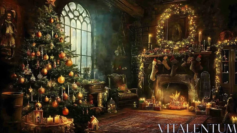 Digital painting of ornate Christmas hearth and tree interior.