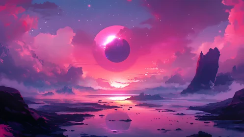 Celestial orb over neon coastline under luminous magenta sky.