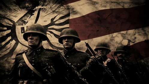 Grim soldiers march before a tattered wartime banner backdrop