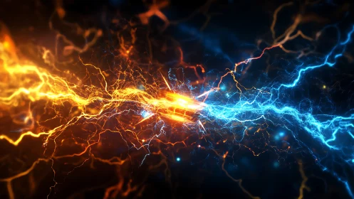 Orange and blue electric streams in symmetrical collision.