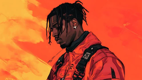 Cel-shaded portrait of man in orange jacket against gradient sky