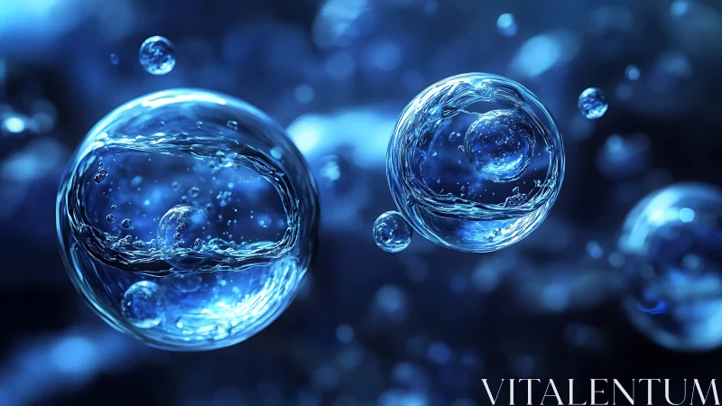 Hyperreal blue liquid spheres in deep macro suspension.