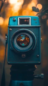 Vintage teal camera stands glowing against golden bokeh light