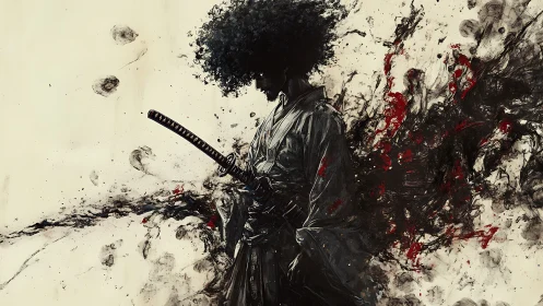 Afro samurai silhouette cleaves through ink and blood storm.