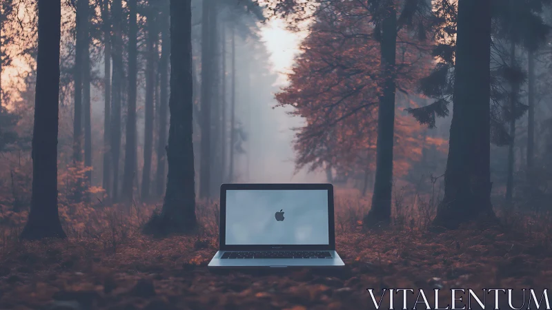 Cozy laptop glow in a misty autumn forest escape.