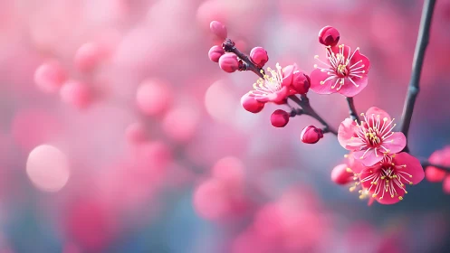 Pink Plum Blossoms with Unopened Buds in Soft Focus Bokeh.