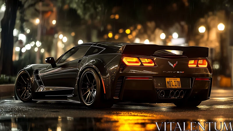 Midnight sports car glows warmly on a rain-soaked city street