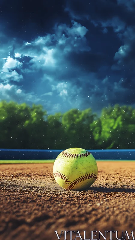 Photorealistic softball on infield under dramatic night sky.