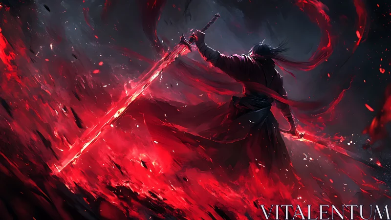 Warrior holds twin swords amid swirling red energy storm