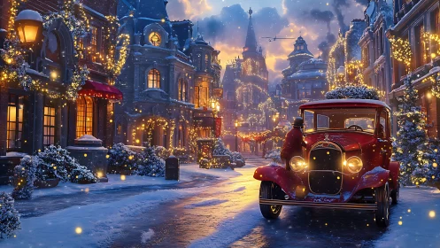 Vintage red car parked on snowy, illuminated city street