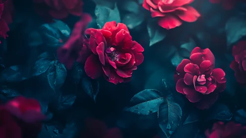 Deep Red Roses with Teal Foliage in Moody Lighting