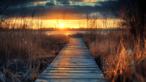 Timber boardwalk through reeds toward low winter sunset glow