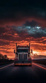 Symmetrical semi-truck frontal view under high-contrast sunset sky
