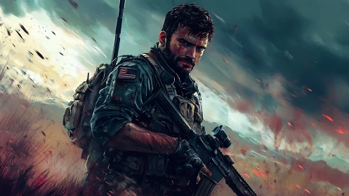 Battle-worn soldier stands armed under storm-laden battlefield sky