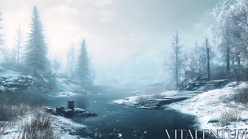 Silent winter river valley with frosted trees and stone steps.
