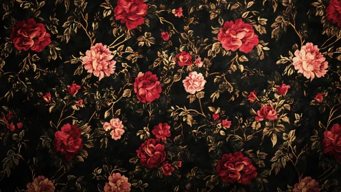 Floral textile pattern shows red roses on dark woven background