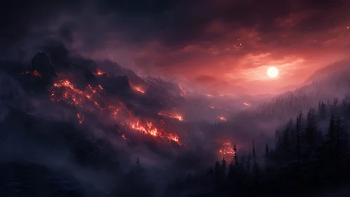 Mountain Wildfire at Dusk. Inferno Consumes Forest Slope.