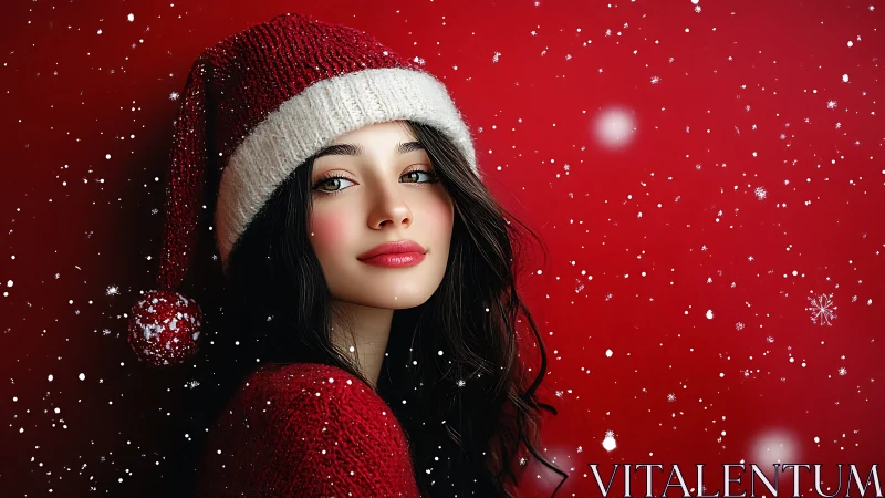 Digital painting portrait of festive woman in Santa hat on red background.