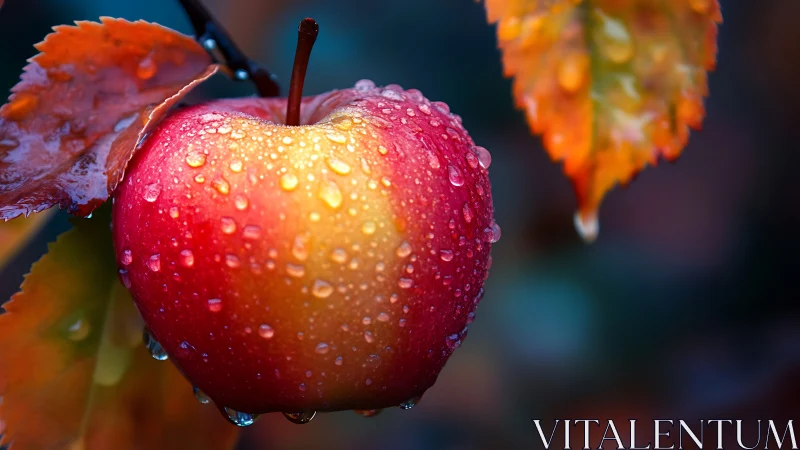 Glowing autumn apple drenched in dewy morning droplets.