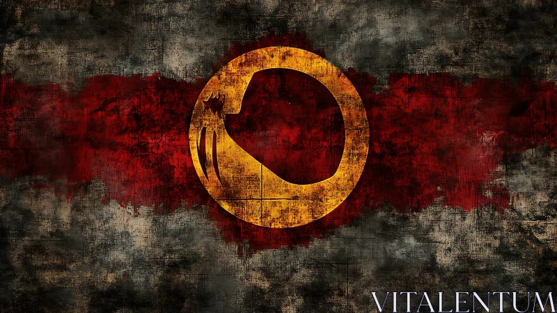 Grunge emblem composition with distressed circular insignia.