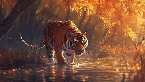 Autumnal river tiger under volumetric backlight in motion.