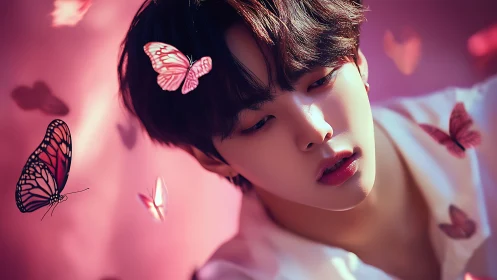 Soft daydream with pink butterflies and gentle starlit eyes.