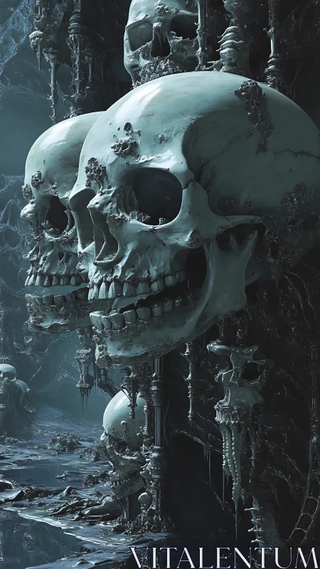 Haunting skull cavern bathed in eerie pale blue light.