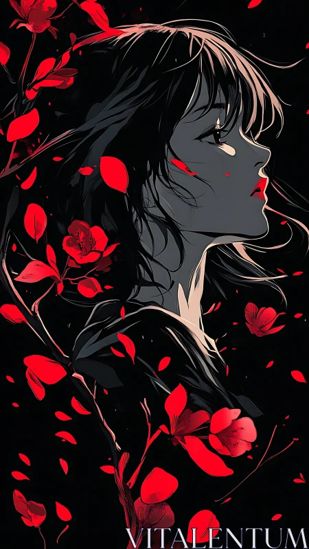 Profile of pensive girl framed by bold red blossoms.