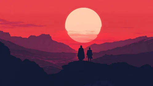 Silhouetted travelers watch colossal sun over crimson range