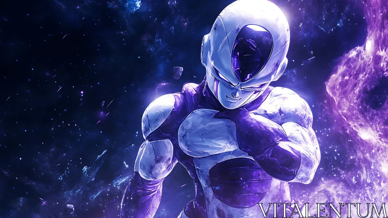Galactic frost warrior crossing arms in ultraviolet storm.