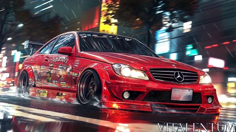 Scarlet street racer slashes through neon soaked midnight rain.