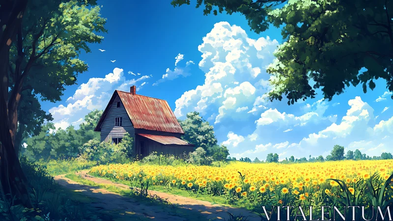 Rural wooden house beside sunflower field under clouds.