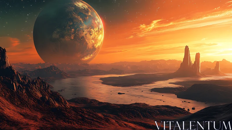 Molten exoplanet rises over crimson alien canyon sea.