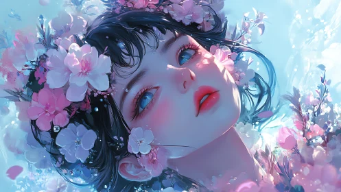Iridescent anime portrait renders floral halo with soft subsurface glow