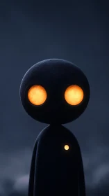 Black stylized figure with glowing orange eyes stands centered