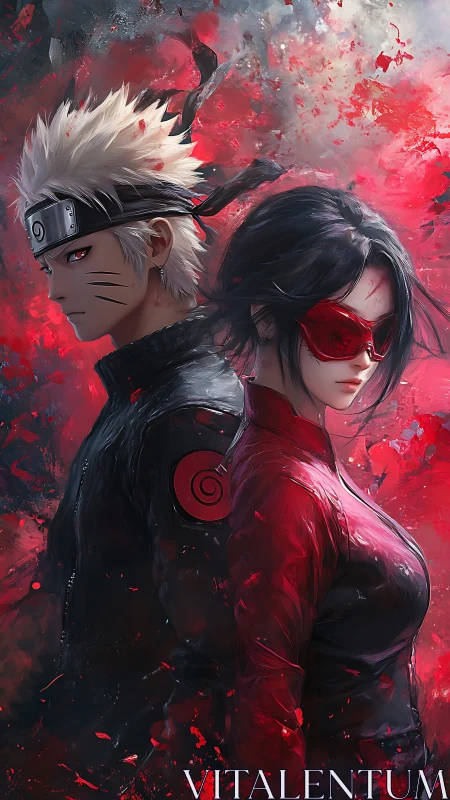 Dual anime warriors in red and black storm of energy.