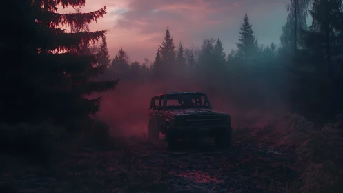Abandoned off-road vehicle in misty conifer forest at dusk.
