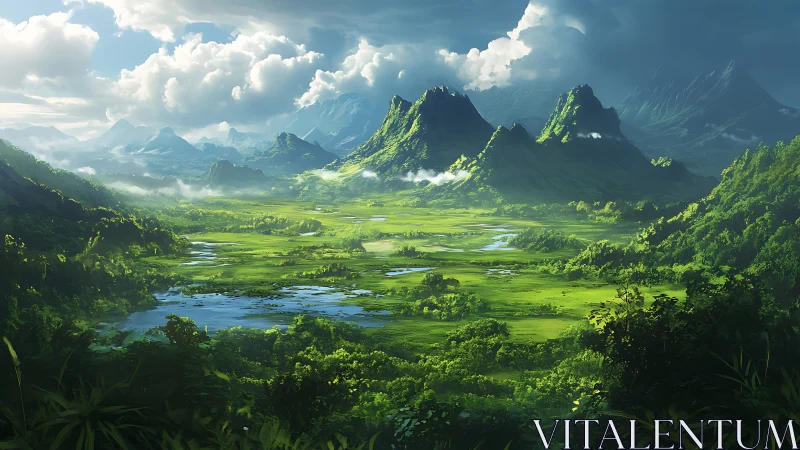 Emerald valley dreaming beneath cloud crowned mountains.