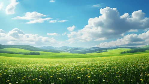 Sunlit wildflower valley under soft clouds and blue sky.