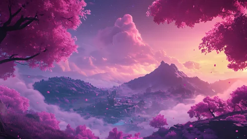 Pink fantasy valley and mountain at dramatic sunset sky.