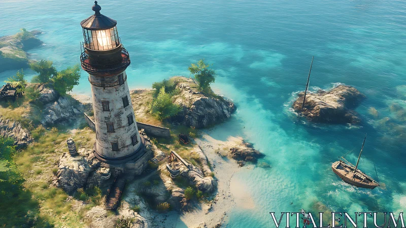 Lighthouse Structure Situated on Rocky Coastal Outcrop Adjacent to Turquoise Waters