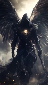 Hooded eclipse angel strides from stormlit embers of war.