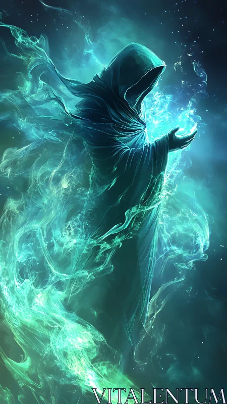 Hooded spectral mage shaping swirling teal energy field.